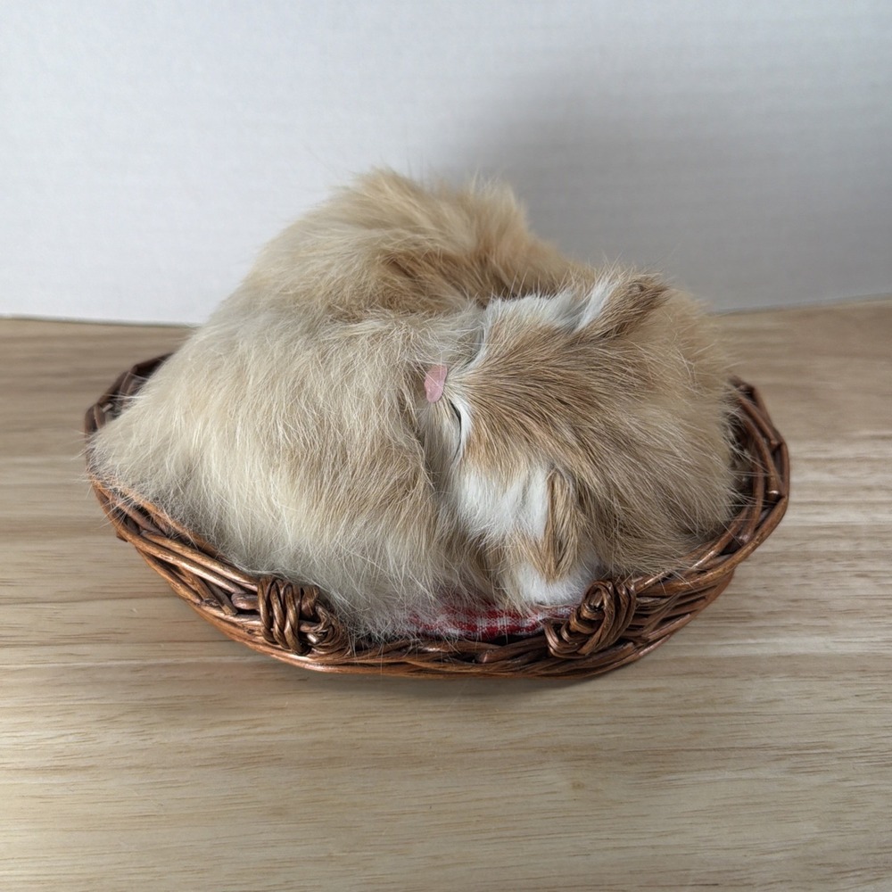 Vintage Lifelike Sleeping Cat Decor Genuine Rabbit Fur Cat in Basket Figurine